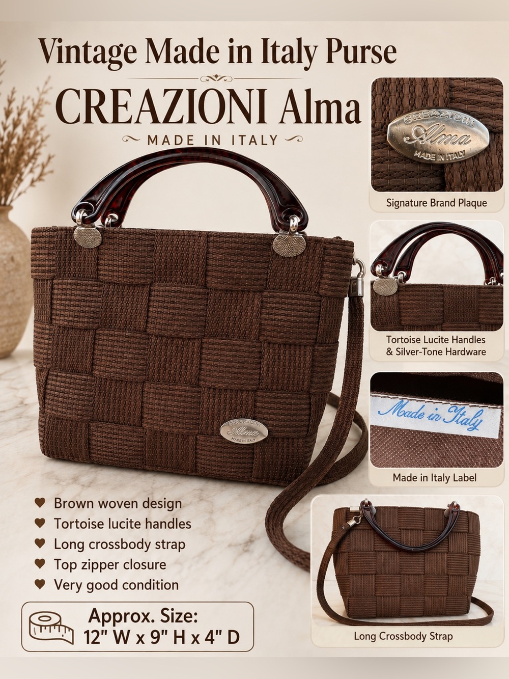 Vintage Italian CREAZIONI Alma Brown Woven Crossbody Bag